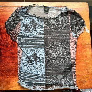 Urban Outfitters Mesh Lettuce Cut T-Shirt with Patchwork Boho Design XSMALL